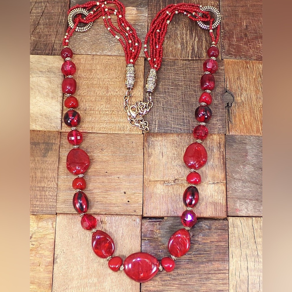 Long Red Boho Beaded Necklace Layered Statement Seed Bead Jewelry 37.5” New